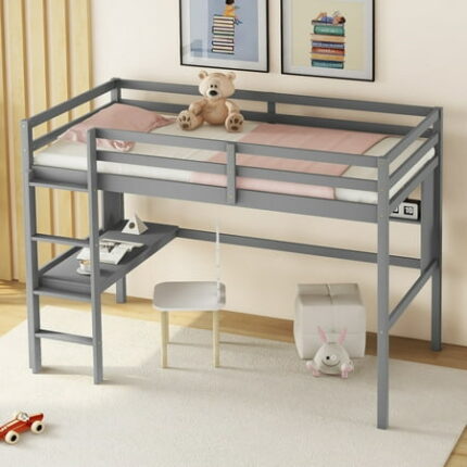 Twin Size Loft Bed with Desk and Shelves Loft Bed Frame with Safety Guardrail and Ladder Wooden Bedframe for Bedroom Space-saving Grey