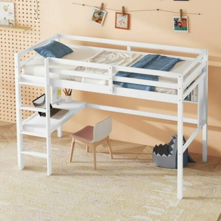 Twin Size Loft Bed with Desk and Shelves Loft Bed Frame with Safety Guardrail and Ladder Wooden Bedframe for Bedroom Space-saving White
