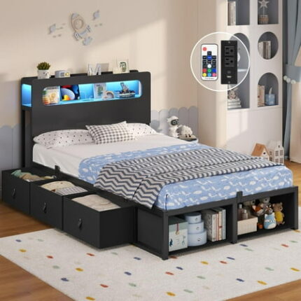 Twin Size Platform Bed Frame with 2-Tier Headboard 6 Storage Drawers 2 Footboard Cubbies LED Lights Metal Storage Bedframe with Charging Station No Box Spring Neded NO NOISE Space-SavingBlack