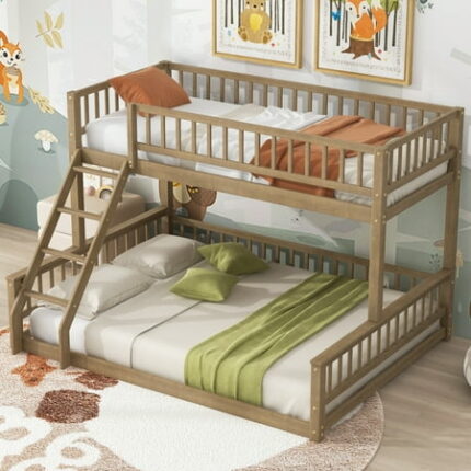 Twin XL over Queen Bunk Bed Bed Frame with Ladder and Guardrails Bedframe for Bedroom Space- saving Walnut