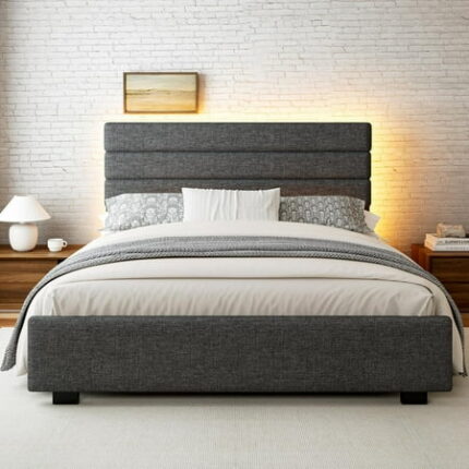 Upholstered Bed Frame Queen Size with Linen Headboard Queen Platform Bed Frame with LED Lights Modern BedFrame with Footboard No Box Spring Needed Dark Gray