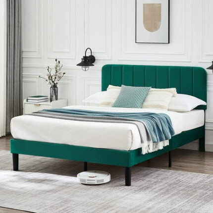VECELO Full Size Bed Frame with Upholstered Headboard Velvet Platform Bedframe Mattress Foundation Strong Wood Slat Support No Box Spring Needed Velvet Dark green