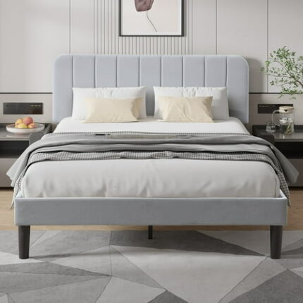 VECELO Full Size Bed Frame with Upholstered Headboard Velvet Platform Bedframe Mattress Foundation Strong Wood Slat Support No Box Spring Needed Velvet Light Grey