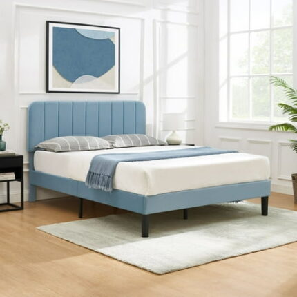 VECELO Full Size Bed Frame with Upholstered Headboard Velvet Platform Bedframe Mattress Foundation Strong Wood Slat Support No Box Spring Needed Velvet Light Blue