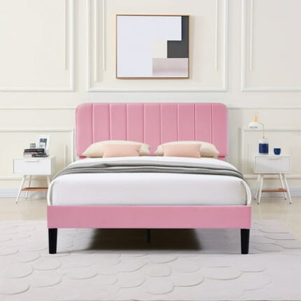 VECELO Full Size Bed Frame with Upholstered Headboard Velvet Platform Bedframe Mattress Foundation Strong Wood Slat Support No Box Spring Needed Velvet Pink