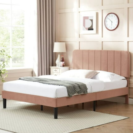 VECELO Full Size Bed Frame with Upholstered Headboard Velvet Platform Bedframe Mattress Foundation Strong Wood Slat Support No Box Spring Needed Velvet Coffee