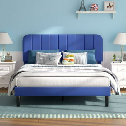 VECELO Full Size Bed Frame with Upholstered Headboard Velvet Platform Bedframe Mattress Foundation Strong Wood Slat Support No Box Spring Needed Velvet Beige