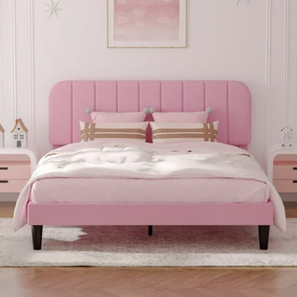 VECELO Queen Size Bed Frame with Upholstered Headboard Velvet Platform Bedframe Mattress Foundation Strong Wood Slat Support No Box Spring Needed Velvet Pink