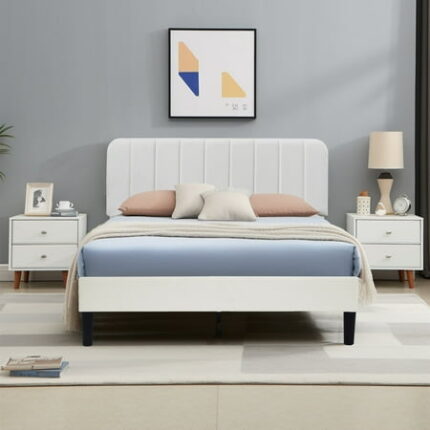 VECELO Queen Size Bed Frame with Upholstered Headboard Velvet Platform Bedframe Mattress Foundation Strong Wood Slat Support No Box Spring Needed Velvet White