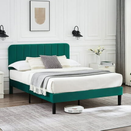 VECELO Queen Size Bed Frame with Upholstered Headboard Velvet Platform Bedframe Mattress Foundation Strong Wood Slat Support No Box Spring Needed Velvet Dark green