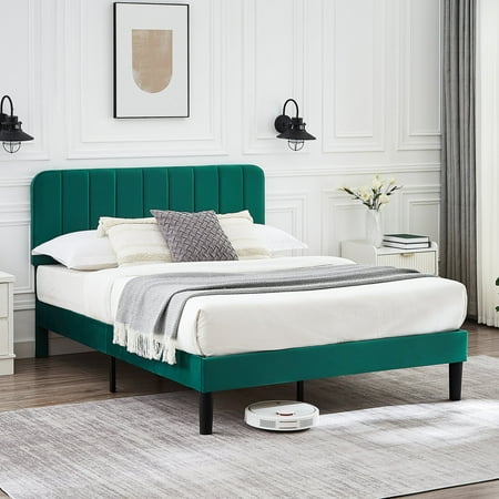 VECELO Queen Size Bed Frame with Upholstered Headboard Velvet Platform Bedframe Mattress Foundation Strong Wood Slat Support No Box Spring Needed Velvet Dark green VECELO Queen Size Bed Frame with Upholstered Headboard Velvet Platform Bedframe Mattress Foundation Strong Wood Slat Support No Box Spring Needed Velvet Dark green