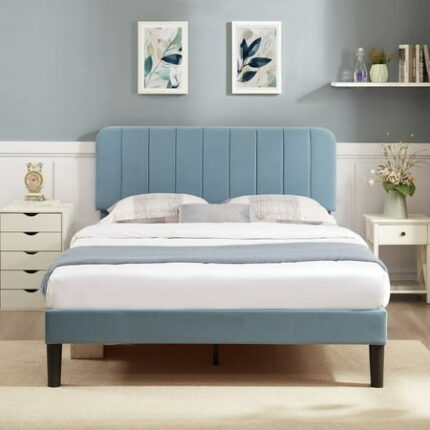VECELO Queen Size Bed Frame with Upholstered Headboard Velvet Platform Bedframe Mattress Foundation Strong Wood Slat Support No Box Spring Needed Velvet Light Blue