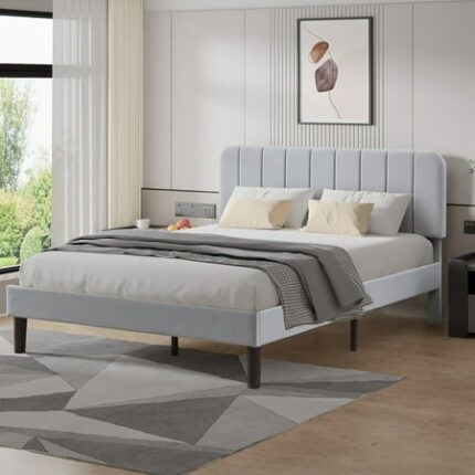 VECELO Queen Size Bed Frame with Upholstered Headboard Velvet Platform Bedframe Mattress Foundation Strong Wood Slat Support No Box Spring Needed Velvet Dark Grey