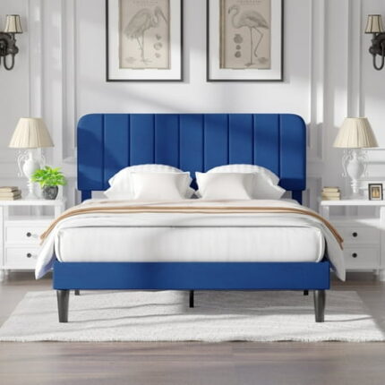 VECELO Queen Size Bed Frame with Upholstered Headboard Velvet Platform Bedframe Mattress Foundation Strong Wood Slat Support No Box Spring Needed Velvet Dark Blue