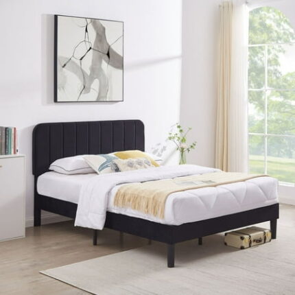 VECELO Queen Size Bed Frame with Upholstered Headboard Velvet Platform Bedframe Mattress Foundation Strong Wood Slat Support No Box Spring Needed Velvet Black
