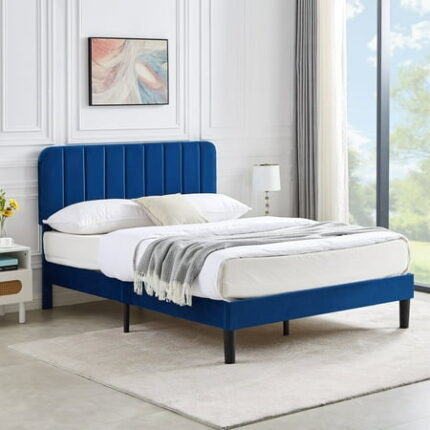 VECELO Queen Size Bed Frame with Upholstered Headboard Velvet Platform Bedframe Mattress Foundation Strong Wood Slat Support No Box Spring Needed Velvet Beige