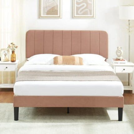 VECELO Queen Size Bed Frame with Upholstered Headboard Velvet Platform Bedframe Mattress Foundation Strong Wood Slat Support No Box Spring Needed Velvet Coffee