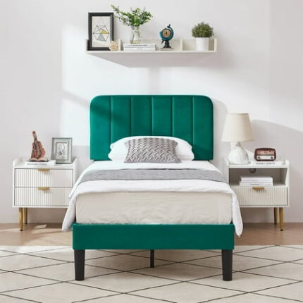 VECELO Twin Size Bed Frame with Upholstered Headboard Velvet Platform Bedframe Mattress Foundation Strong Wood Slat Support No Box Spring Needed Velvet Dark green