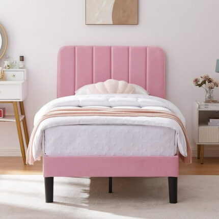 VECELO Twin Size Bed Frame with Upholstered Headboard Velvet Platform Bedframe Mattress Foundation Strong Wood Slat Support No Box Spring Needed Velvet Pink