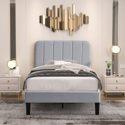 VECELO Twin Size Bed Frame with Upholstered Headboard Velvet Platform Bedframe Mattress Foundation Strong Wood Slat Support No Box Spring Needed Velvet Light Grey