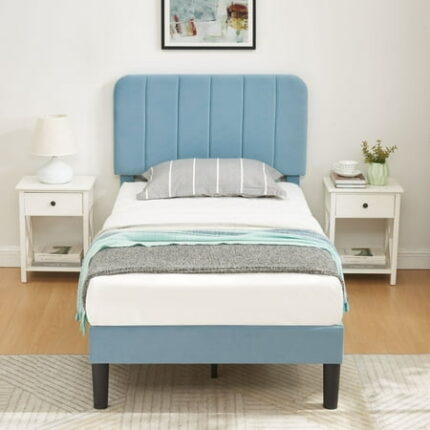 VECELO Twin Size Bed Frame with Upholstered Headboard Velvet Platform Bedframe Mattress Foundation Strong Wood Slat Support No Box Spring Needed Velvet Light Blue