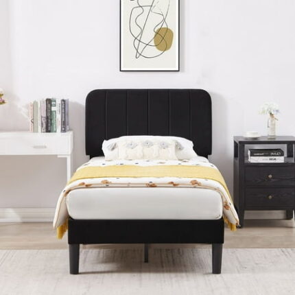 VECELO Twin Size Bed Frame with Upholstered Headboard Velvet Platform Bedframe Mattress Foundation Strong Wood Slat Support No Box Spring Needed Velvet Black