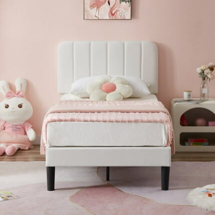 VECELO Twin Size Bed Frame with Upholstered Headboard Velvet Platform Bedframe Mattress Foundation Strong Wood Slat Support No Box Spring Needed Velvet White