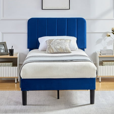 VECELO Twin Size Bed Frame with Upholstered Headboard Velvet Platform Bedframe Mattress Foundation Strong Wood Slat Support No Box Spring Needed Velvet Dark Blue VECELO Twin Size Bed Frame with Upholstered Headboard Velvet Platform Bedframe Mattress Foundation Strong Wood Slat Support No Box Spring Needed Velvet Dark Blue