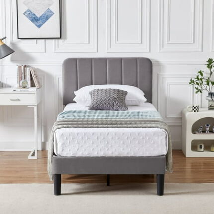 VECELO Twinn Size Bed Frame with Upholstered Headboard Velvet Platform Bedframe Mattress Foundation Strong Wood Slat Support No Box Spring Needed Velvet Dark Grey