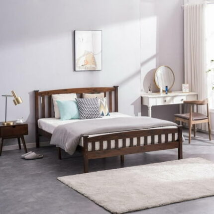 Veado Walnut Full Platform Bedframe with Slat Headboard Wooden Bed Frame with Footboard Wood Slat Support No Box Spring Needed