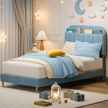 Velvet Upholstered Twin Bed Frame with Storage Headboard | Noise-Free Platform Bedframe Wooden Slats & No Box Spring | Light Blue Modern Bed Easy Assembly