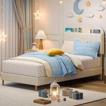 Velvet Upholstered Twin Bed Frame with Storage Headboard | Noise-Free Platform Bedframe Wooden Slats & No Box Spring | Modern White Bed Frame Easy Assembly