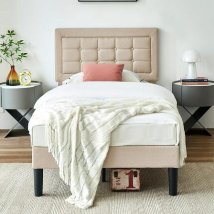 Wangxin Twin Size Bed Frame with Adjustable Headboard Upholstered Button Tufted Platform Bedframe with Wood Slats Support No Box Spring Needed Beige