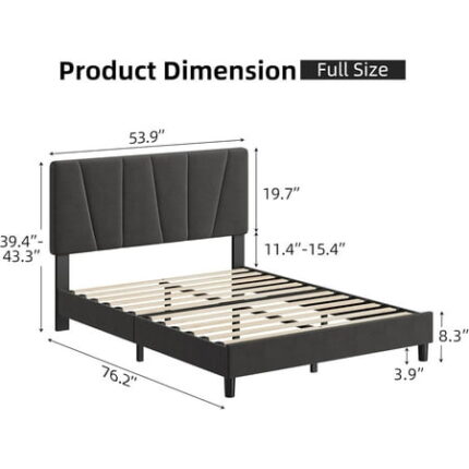 Yeshouse Bed Frame with Adjustable Headboard Linen Upholstered Full Platform Bedframe with Strong Wooden Slats No Box Spring Needed Mattress Foundation Easy Assembly Dark Gray