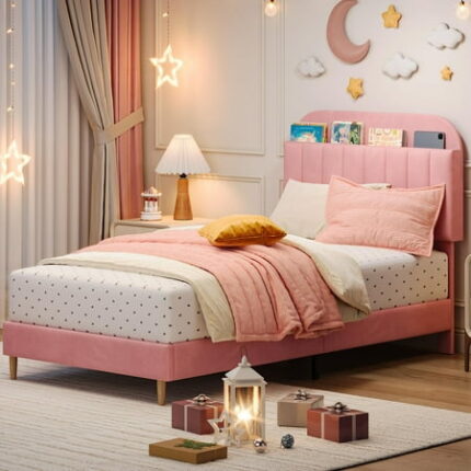 vet Upholstered Twin Bed Frame with Storage Headboard | Noise-Free Platform Bedframe Wooden Slats Support & No Box Spring | Light Pink Bed Frame Easy Assembly