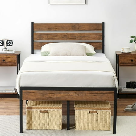 12 Inch Twin Size Bed Frame Platform with Headboard and Footboard No Box Spring Needed Metal-Wood Platform Bedframe Easy Assembly Brown 12 Inch Twin Size Bed Frame Platform with Headboard and Footboard No Box Spring Needed Metal-Wood Platform Bedframe Easy Assembly Brown