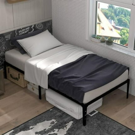 14 Inch Twin Size Bed Frame Metal Platform Bedframe with Heavy Duty Steel Slat No Box Spring Needed Easy Assembly Noise Free Under Bed Storage Black