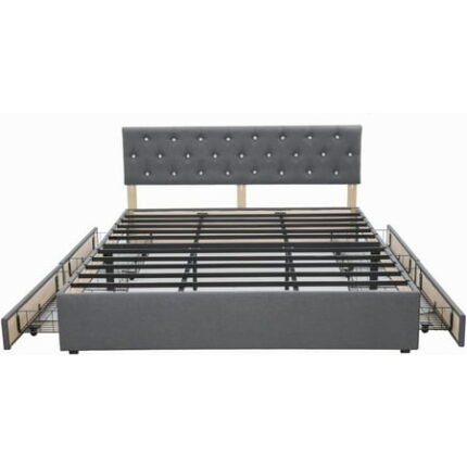 72 x 80 Modern Linen Fabric Grey Bed Frame with Crystals Headboard Upholstered Platform Bed Bedframe with 4 Storage Drawers and Headboard Metal Slats Support No Box Spring Needed