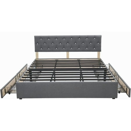72 x 80 Modern Linen Fabric Grey Bed Frame with Crystals Headboard Upholstered Platform Bed Bedframe with 4 Storage Drawers and Headboard Metal Slats Support No Box Spring Needed 72 x 80 Modern Linen Fabric Grey Bed Frame with Crystals Headboard Upholstered Platform Bed Bedframe with 4 Storage Drawers and Headboard Metal Slats Support No Box Spring Needed