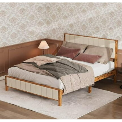 85.2 Queen Size Bed Frame Tall Heavy Duty Platform Bed Queen Size Bedframe No Spring Needed with Wood Frame Upholstered Headboard 9 Wooden Legs for Bedroom Natural + White