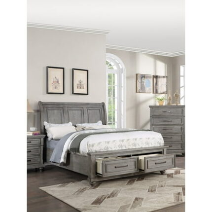 Bed Frame Eastern King Size Bed w Under bed Drawer Vintage Look Gray Color Beautiful Panel 1pc Bedframe Bedroom