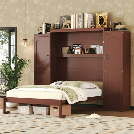 Bed Frame Full Size Murphy Bed Wooden Full Wall Bed with 2 Wardrobe and Storage Shelf Multifunctional Foldable Platform Bedframe for Guest-Room Bedroom Bed Frame Full Size Murphy Bed Wooden Full Wall Bed with 2 Wardrobe and Storage Shelf Multifunctional Foldable Platform Bedframe for Guest-Room Bedroom