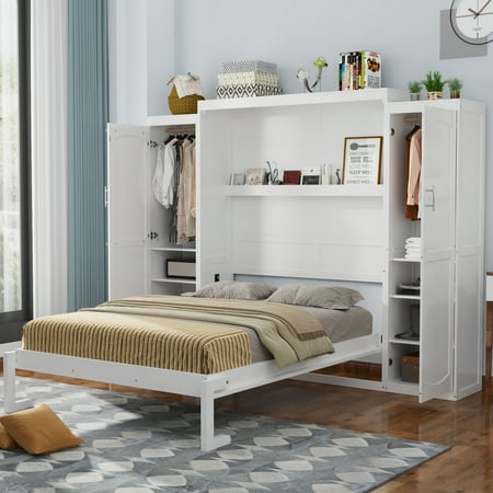 Bed Frame Queen Size Murphy Bed with 2 Wardrobe and Storage Shelf Multifunctional Foldable Platform Bedframe for Guest-Room Bedroom White Bed Frame Queen Size Murphy Bed with 2 Wardrobe and Storage Shelf Multifunctional Foldable Platform Bedframe for Guest-Room Bedroom White