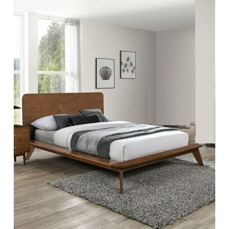Bed Frame Walnut Color Full Size Bed Solid wood Veneer 1pc Platform Bedframe Mattress Ready Mid-Century Modern Style Platform Bed Frame