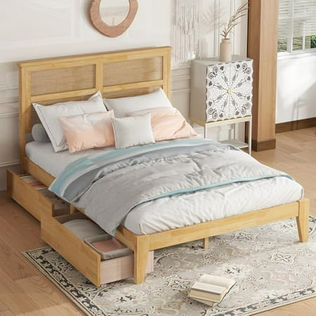 Boho Full Size Bed Frame with Natural Rattan Headboard Wooden Platform Bedframe with 2 Drawer Under Bed Spacious Storage No Box Spring Needed (Natural Full) Boho Full Size Bed Frame with Natural Rattan Headboard Wooden Platform Bedframe with 2 Drawer Under Bed Spacious Storage No Box Spring Needed (Natural Full)