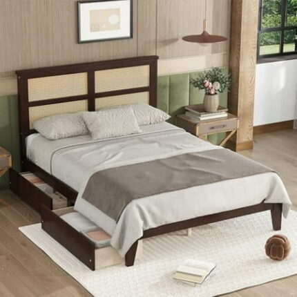 Boho King Size Bed Frame with Natural Rattan Headboard Wooden Platform Bedframe Under Bed Spacious Storage No Box Spring Needed (Espresso King)