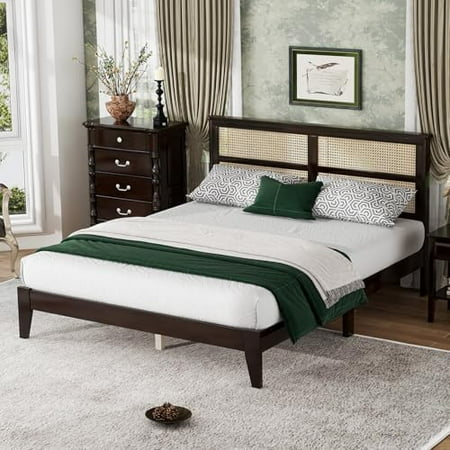 Boho Queen Size Bed Frame with Natural Rattan Headboard Wooden Platform Bedframe Under Bed Spacious Storage No Box Spring Needed (Espresso Queen) Boho Queen Size Bed Frame with Natural Rattan Headboard Wooden Platform Bedframe Under Bed Spacious Storage No Box Spring Needed (Espresso Queen)