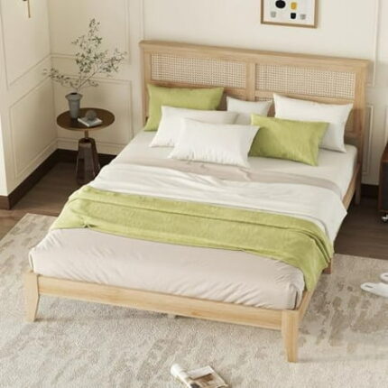 Boho Queen Size Bed Frame with Natural Rattan Headboard Wooden Platform Bedframe Under Bed Spacious Storage No Box Spring Needed (Natural Queen)