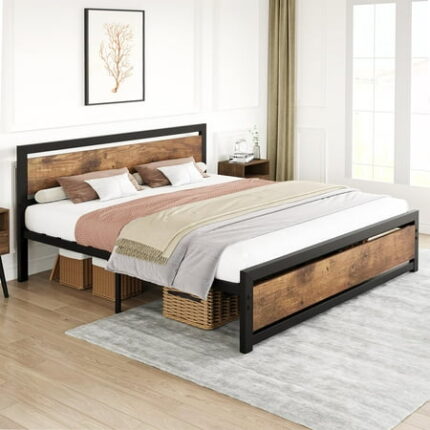Danolapsi King Size Bed Frame with Wooden Headboard Metal Platform Bed Frame King Size with Storage No Box Spring Needed Noise Free Bedframe Mattress Foundation Rustic Brown