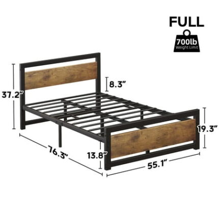 FULL Size Bed Frame Industrial Queen Bed Platform with Headboard No Box Spring Needed 14 Inch Easy Assemble Queen Mattress Bedframe Retro Brown